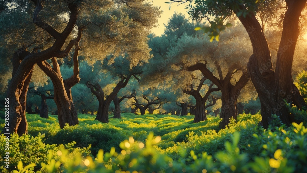 Poster sunlit olive grove with lush greenery and empty space for text in tranquil natural setting