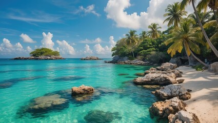 Fototapeta premium Tranquil beach view with clear turquoise water, coral rocks, lush palm trees, and distant island creating an exotic tropical paradise.
