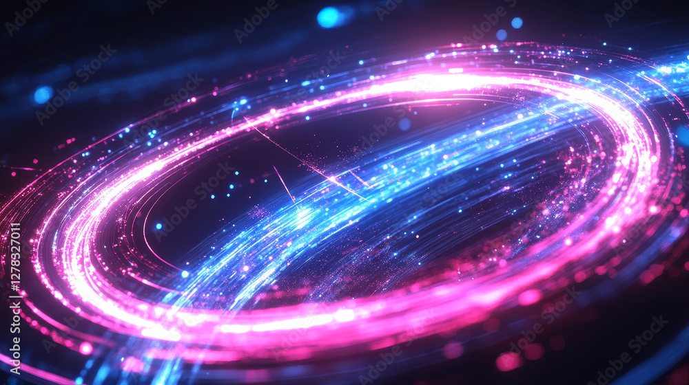 Aufkleber pink neon planet ring and light energy line effect. round tech orbit shine. abstract speed path stel