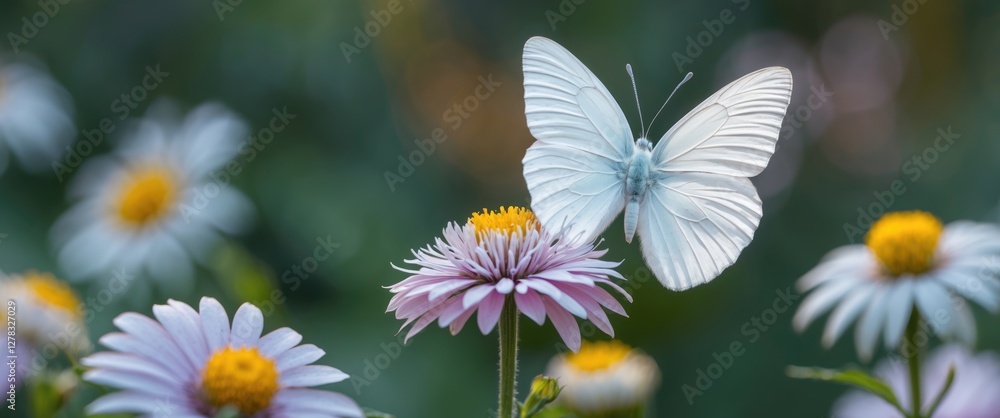 Aufkleber white butterfly perched on flower with soft background and space for text in a vibrant nature settin