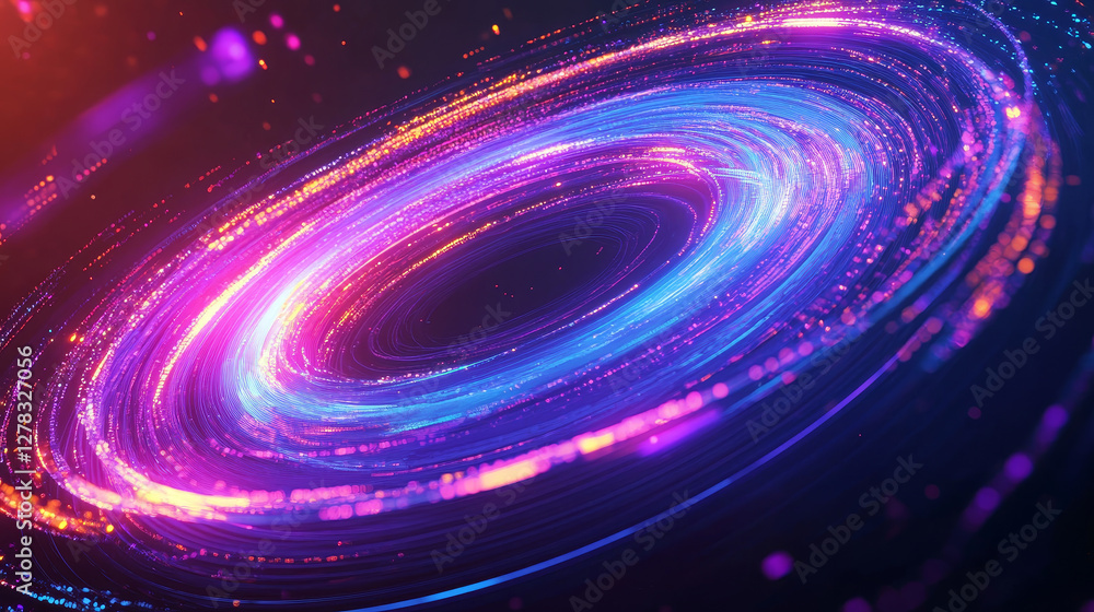 Poster pink neon planet ring and light energy line effect. round tech orbit shine. abstract speed path stel