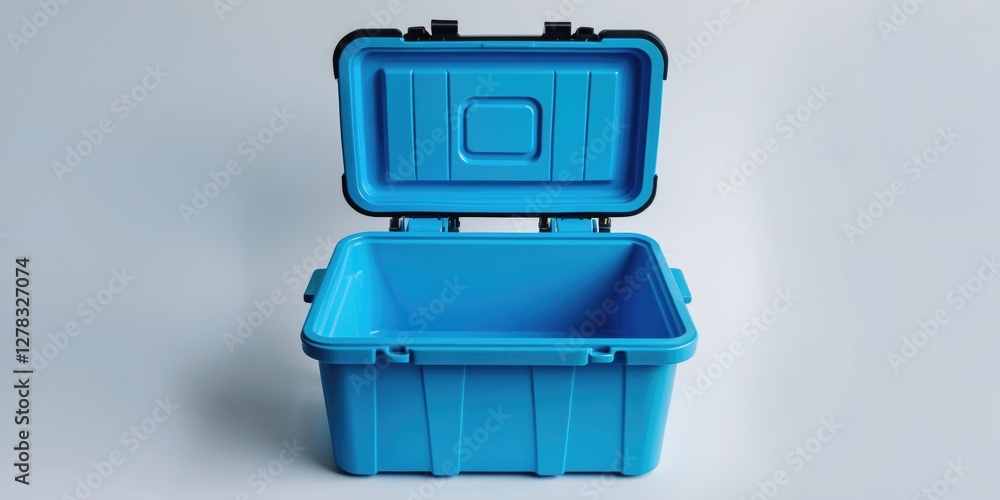 Poster blue plastic storage box with open lid isolated on white background for organizing and storage use