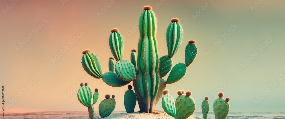 Poster vibrant opuntia cactus cluster under soft pastel sky with ample space for text or design elements