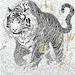 Ornate Tiger Emerging from Waves Intricate Line Art Illustration