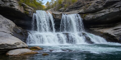 Obraz premium Stunning multi-tiered waterfall cascading over rugged rock formations with foamy water in a serene natural setting.