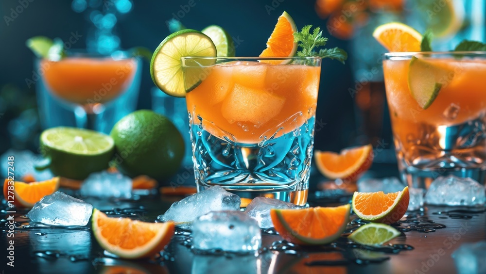 Aufkleber refreshing orange cocktail garnished with lime and ice surrounded by citrus slices on a dark backgro