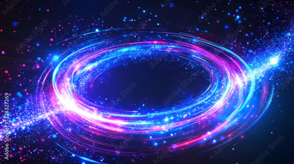 Poster pink neon planet ring and light energy line effect. round tech orbit shine. abstract speed path stel