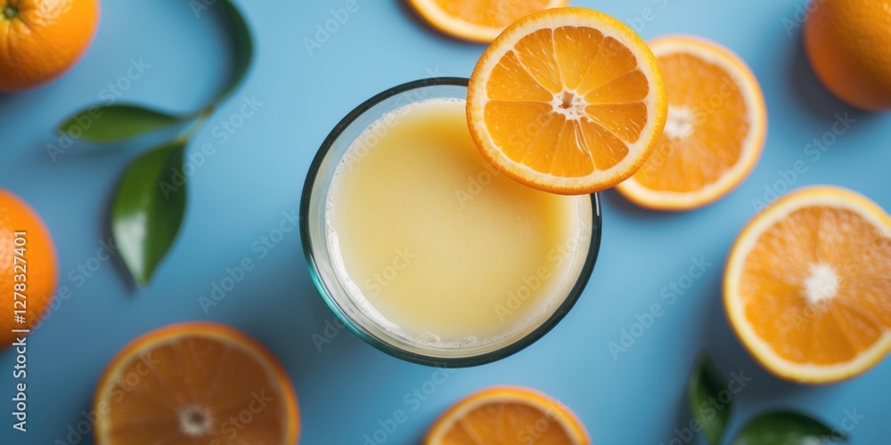 Aufkleber freshly squeezed orange juice in a glass with a slice on the rim surrounded by orange slices on a bl