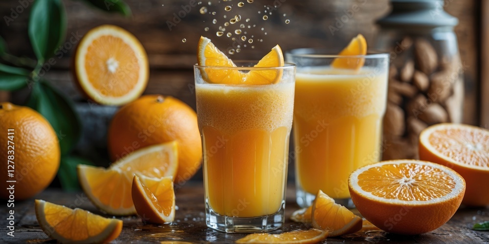 Poster refreshing orange juice in glasses surrounded by fresh oranges and slices with copy space for text o