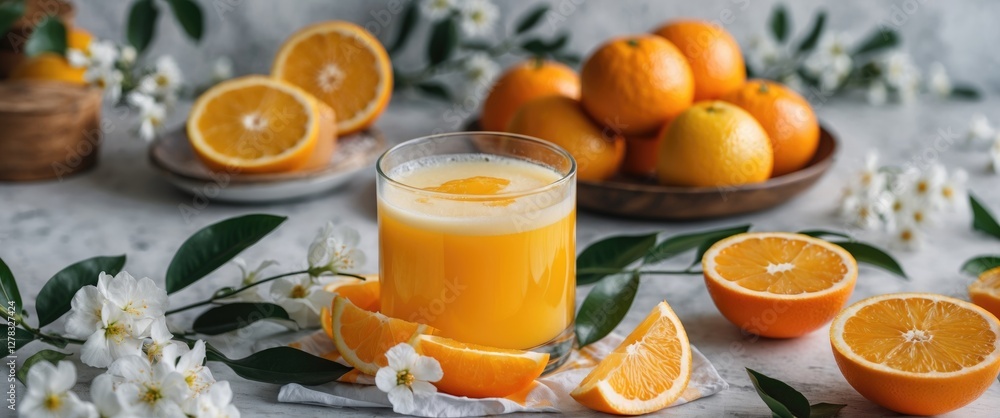 Poster freshly squeezed orange juice surrounded by oranges and flowers with minimalistic space for text pla