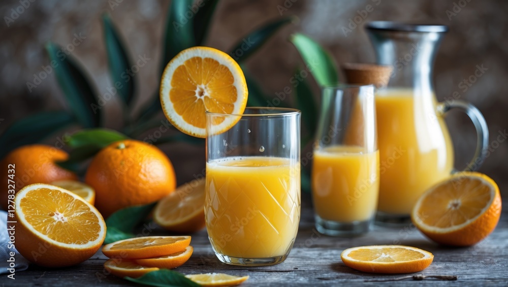 Poster refreshing orange juice with fresh oranges in a rustic setting