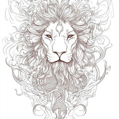 Obraz premium Majestic Lion with Ornate Floral and Aquatic Design A Detailed Line Art Illustration