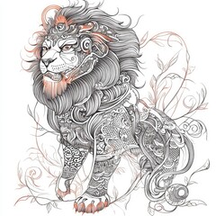 Ornate Lion in Floral Setting Intricate Line Art Drawing