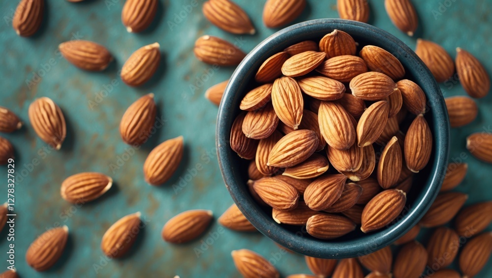 Poster almond seeds in bowl surrounded by raw almonds on rustic surface with space for text and design elem