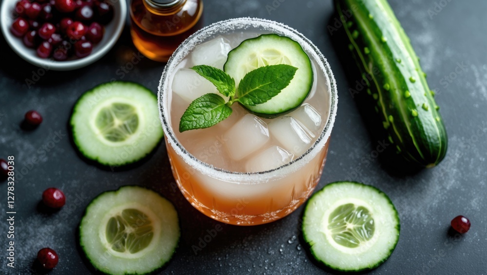 Poster refreshing cucumber cocktail overhead view with mint garnish surrounded by ingredients and empty spa