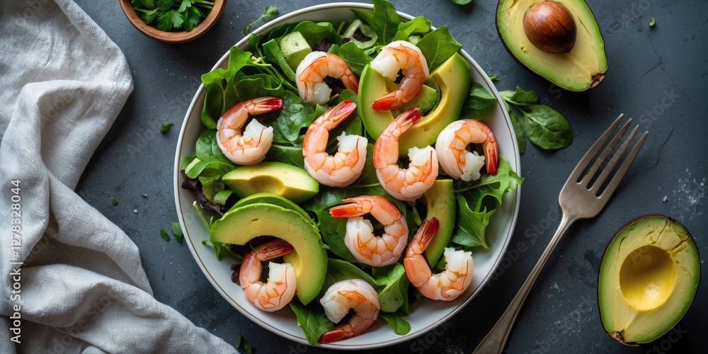 Aufkleber fresh shrimp avocado salad on greens with empty space for text in overhead view suitable for healthy