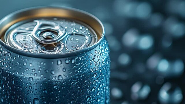 a condensation-covered beverage can on a sleek reflective surface, soft lighting emphasizing its cool and refreshing appeal.