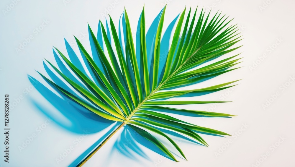 Poster lush green palm leaf isolated on white background with soft shadows and space for text or graphic de