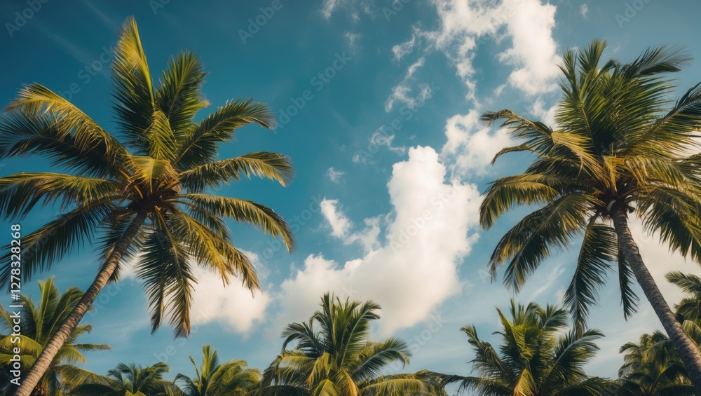 Poster tropical palm trees against a blue sky with clouds and empty space for text or graphics