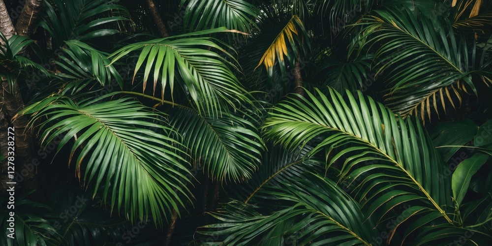 Poster lush palm leaf texture from a tropical forest with abundant foliage and blank space for text or desi