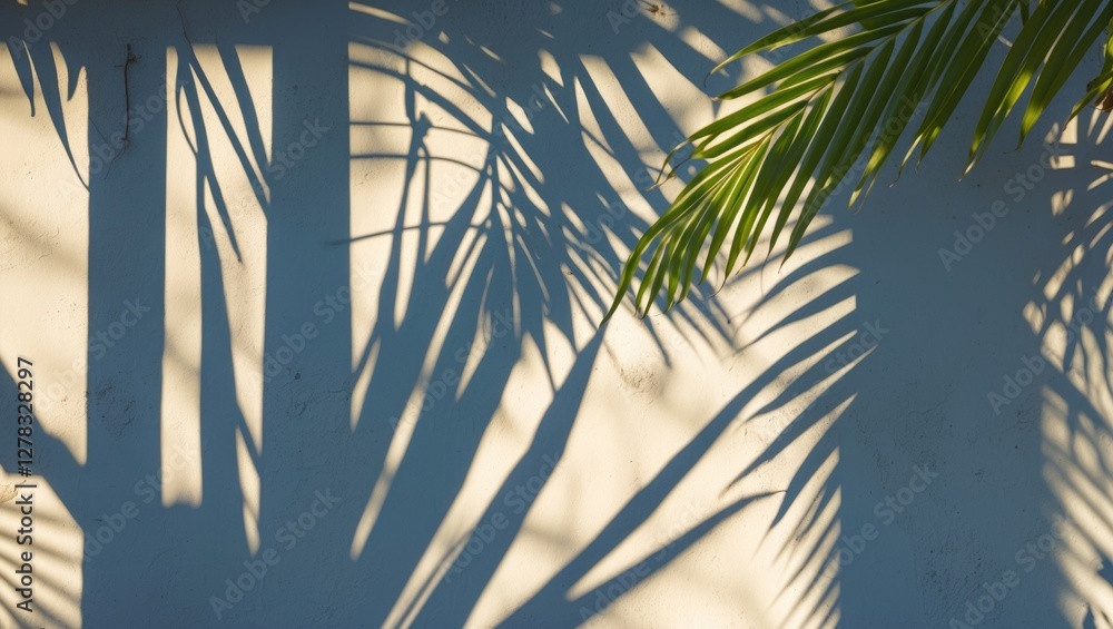 Aufkleber palm frond shadows casting artistic patterns on a textured wall in sunlight creating a modern and tr