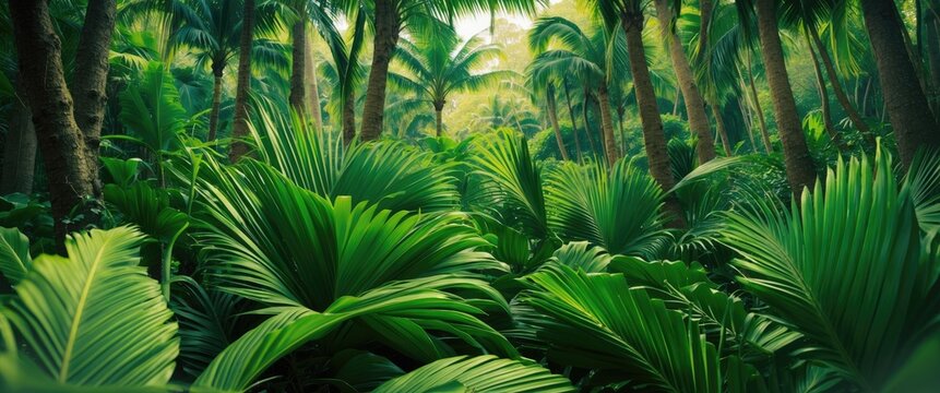 Lush Tropical Palm Leaves Close Up Amidst Dense Forest Environment Natural Greenery Background - Powered by Adobe