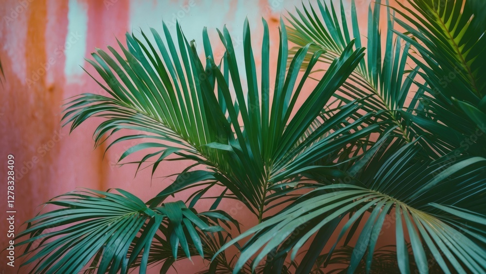 Poster tropical palm leaves framed against vibrant background creating space for text or design elements in