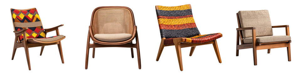 Diverse collection of stylish and comfortable wooden armchairs in modern interior design  Variety of shapes colors and patterns create a visually appealing and cozy living room or office setting