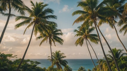 Obraz premium Tropical Paradise with Coconut Palm Trees and Scenic Ocean Horizon Featuring Space for Text and Relaxation Vibes