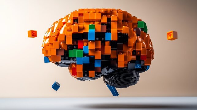 Brain made of plastic bricks  is shown in the air. The brain is made of many different colored blocks, including orange, black, and blue. The brain is in the air, and it looks like it is floating