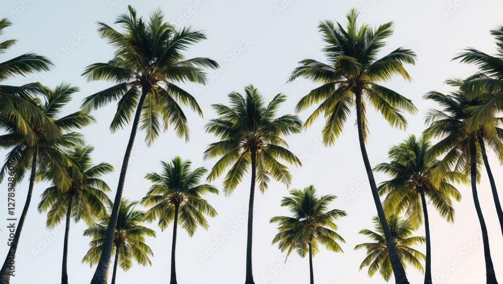 Poster tropical palm trees against clear sky background with clipping path empty space for custom text and 