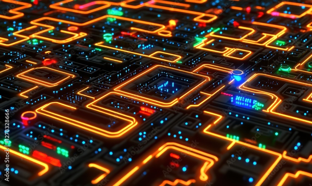 Poster glowing circuit board data flow, tech background