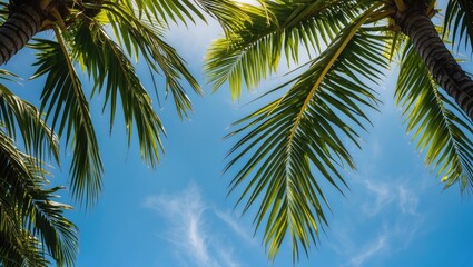 Fototapeta premium Lush palm leaves against a vibrant blue sky evoking the essence of summer relaxation and tropical paradise vibes.