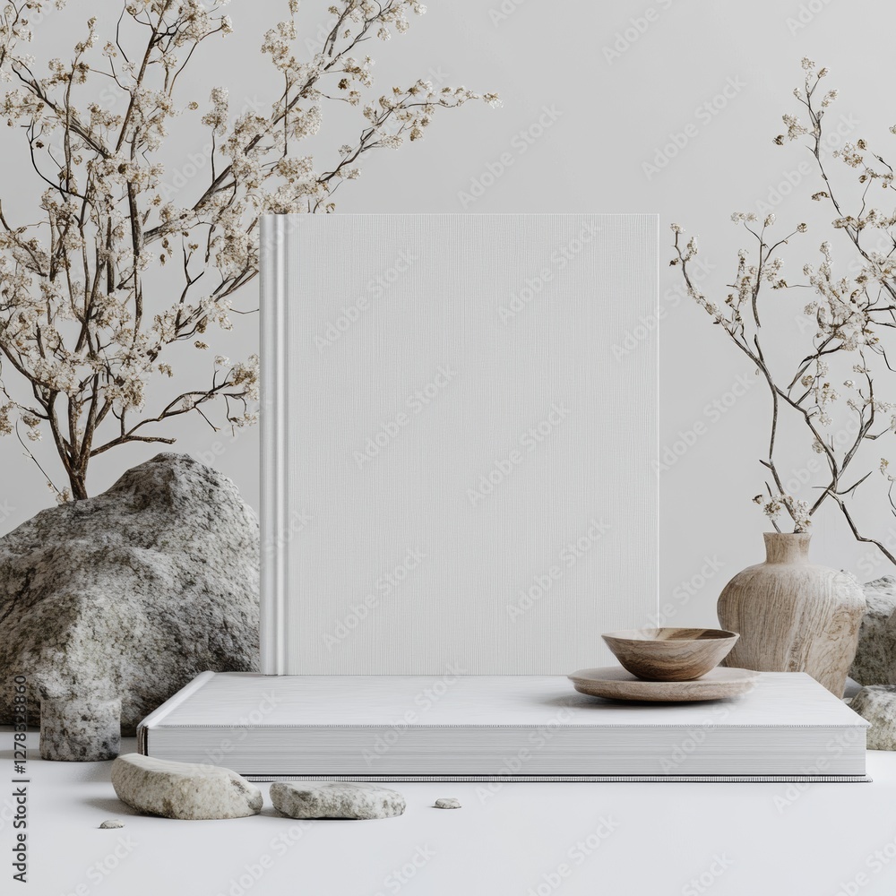 Poster 3d model book display with white background and natural elements