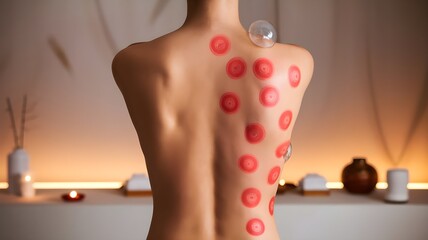 Before and after wet cupping therapy on a person’s back, showing smooth skin on one side and fresh, symmetrical red marks on the other in a serene wellness setting.