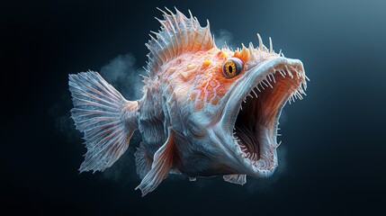 Fototapeta premium Exploring the Mysterious Deep Sea Anglerfish with Its Mouth Wide Open Showcasing Its Bioluminescent Lure in Dark Waters and Fascinating Hunting Techniques