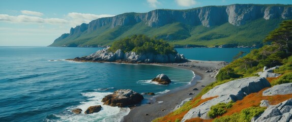 Fototapeta premium Scenic Peninsula View of Natural Reserve Featuring Seashore Rocks and Lush Greenery Under Clear Blue Sky with Space for Text