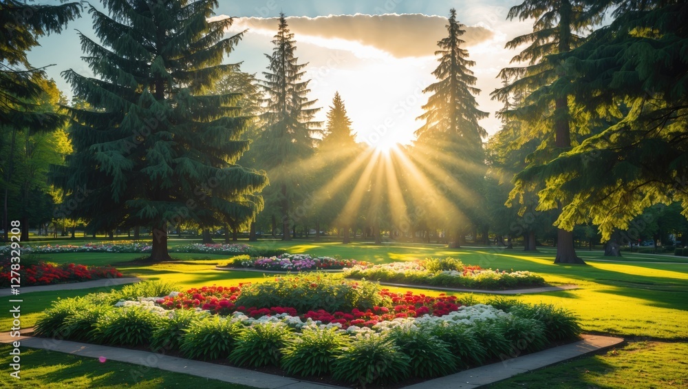 Aufkleber serene park scene with lush coniferous trees and colorful flower beds illuminated by the warm rays o