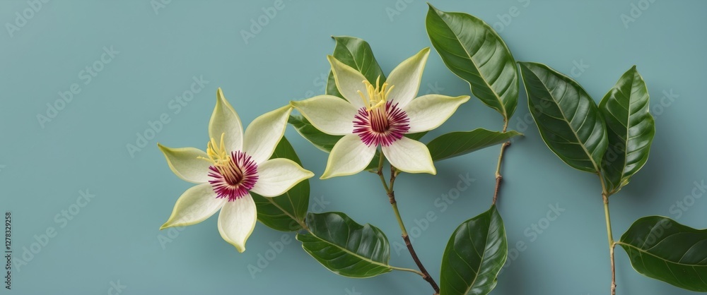 Poster elegant passiflora flowers and lush green leaves on a soft blue background with ample space for text