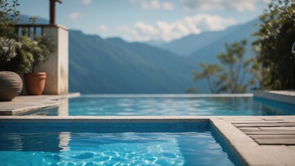 Tranquil Swimming Pool with Crystal Clear Blue Water and Scenic Mountain View in a Relaxing Outdoor Setting