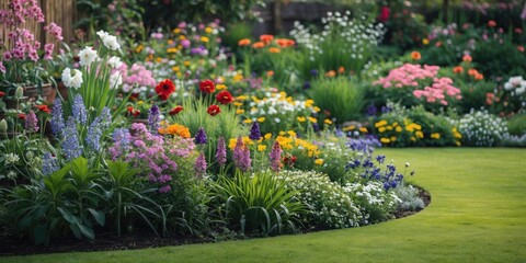 Vibrant blooming garden with diverse flowers and a manicured lawn featuring ample space for text placement and seasonal beauty