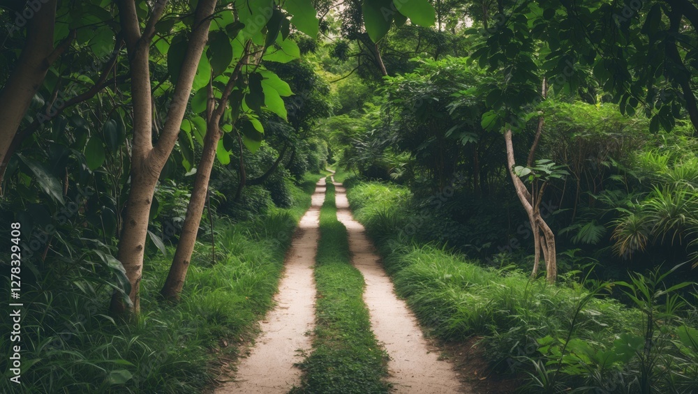 Poster tranquil pathway through lush green forest surrounded by vibrant foliage with space for custom text