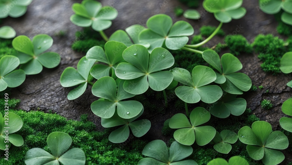 Poster lush green clover patch with moisture drops and blank space for textual overlay