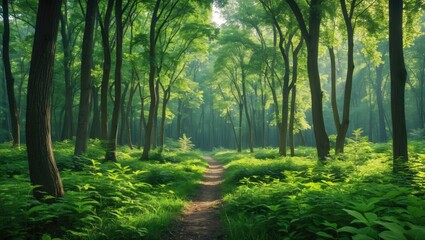 Obraz premium Serene Forest Pathway Surrounded By Lush Greenery Inviting Nature Walks And Environmental Awareness With Space For Text Overlays