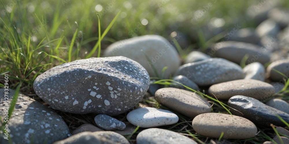 Aufkleber pebbles of various sizes on lush green grass with natural soft light and blank space for text placem