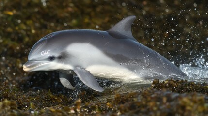 Fototapeta premium Playful Dolphin Splashing Through Shallow Waters of Aquatic Habitat