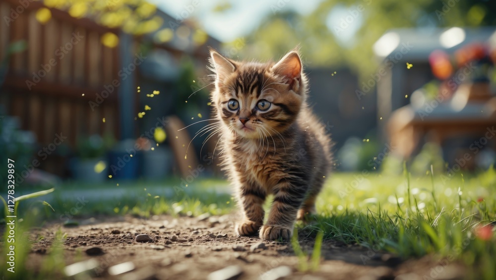 Poster cute brown kitten exploring backyard surrounded by grass with ample space for text or design element