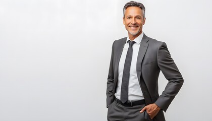 Confident businessman smiling in a gray suit with white background