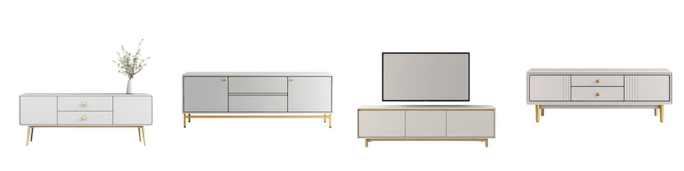 Minimalist and Contemporary Living Room Furniture Arrangement with Wooden Console TV Stand and Storage Cabinet in Neutral Tones for Cozy and Elegant Home Decor