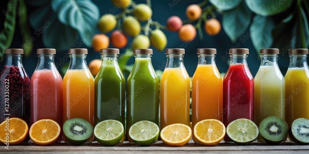 Poster detox fresh juice bottles displayed in a colorful row with citrus fruits and lush greenery in backgr